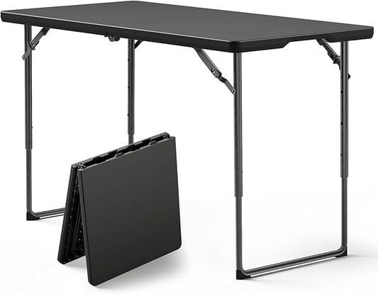 4ft Folding Table, Foldable Picnic Table Portable Table for Indoor Outdoor Use Heavy Duty Plastic Table Camping Table for Party, BBQ, Black