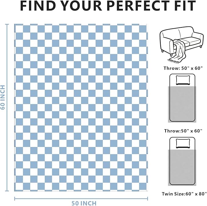 Edenleaf Checkered Blanket Flannel Throw Blankets Soft Cozy Checkered Grid Print Chessboard Gingham Pattern Throws for Bed Sofa Couch for All Seasons, 50x60 Inch, Blue