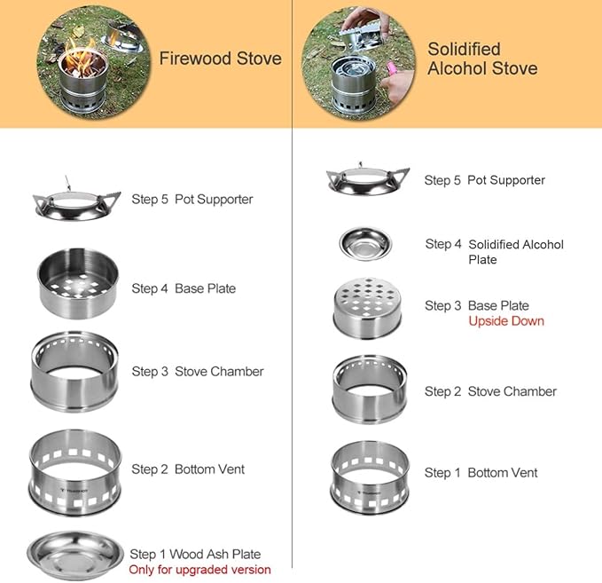 TOMSHOO Camping Stove, Portable Folding Windproof Wood Burning Stove Compact Stainless Steel Alcohol Stove Outdoor Camping Hiking Backpacking Picnic BBQ