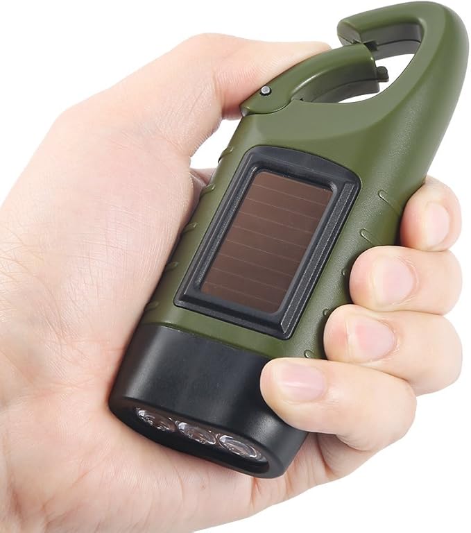 Simpeak 2-Pack Hand Crank Solar Powered Flashlight, Emergency Rechargeable LED Survival Flashlight, Quick Snap Carbiner Dynamo Flash Light Torch for Outdoor Sports, Green