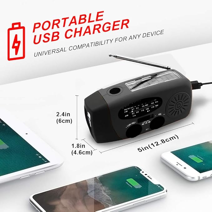 Portable Solar Emergency Weather Radio Hand Crank AM/FM NOAA Survival Radio with LED Flashlight 2000mAh Cellphone Charger for Smart Phone for Home Outdoor Camping Traveling Earthquake