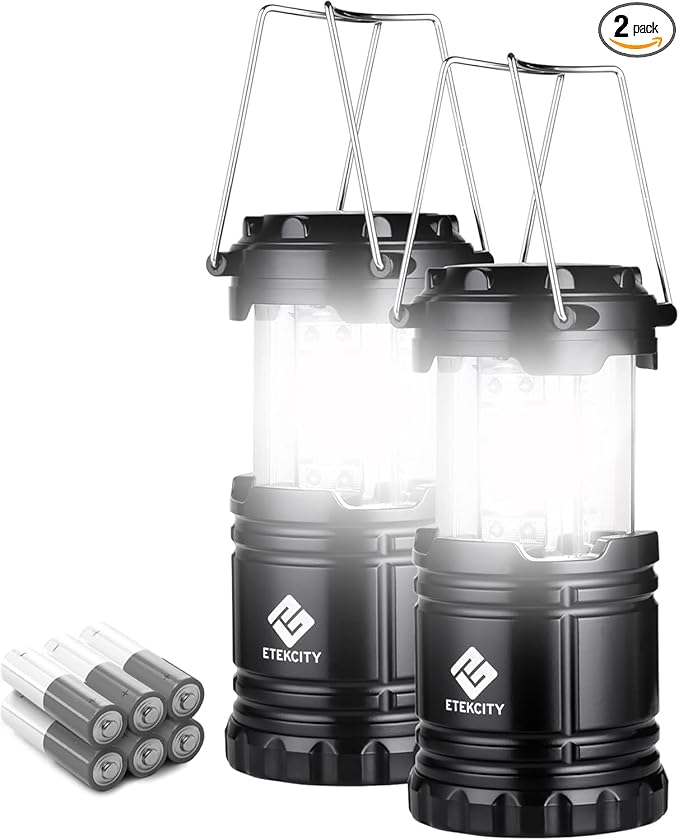 Etekcity Lantern Camping Essentials Lights, Led Flashlight for Power Outages, Battery Operated Lamp for Emergencies, Survival Gear, Hurricane Preparedness Items, Water Resistant, 2 Pack, Black