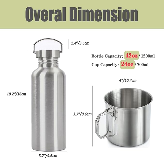 Survivor 3-in-1 Outdoor Canteen - 42oz Single Wall Water Bottle with 24oz Nesting Camping Cup & Carrying Bag | 18/8 Stainless Steel | Wide Mouth Design | Outdoor Survival Bushcraft Gear
