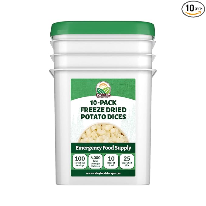 Valley Food Storage Freeze Dried Diced Potatoes | 10-Bag Bucket, 64 oz | Premium Emergency Food Supply | Non-GMO Survival Food, 25 Year Shelf Life | Prepper Supplies, Camping Food & Off-Grid Living | Packaged in USA