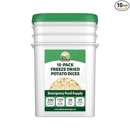 Valley Food Storage Freeze Dried Diced Potatoes | 10-Bag Bucket, 64 oz | Premium Emergency Food Supply | Non-GMO Survival Food, 25 Year Shelf Life | Prepper Supplies, Camping Food & Off-Grid Living | Packaged in USA
