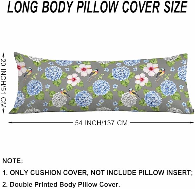 Couch Body Pillow Cover Hummingbird Bedding Body Pillow Case for Men Women, Blue Hydrangea Oblong Pillow Covers Throw Body Cushion Cases for Home Sofa Livingroom 20"X 54"