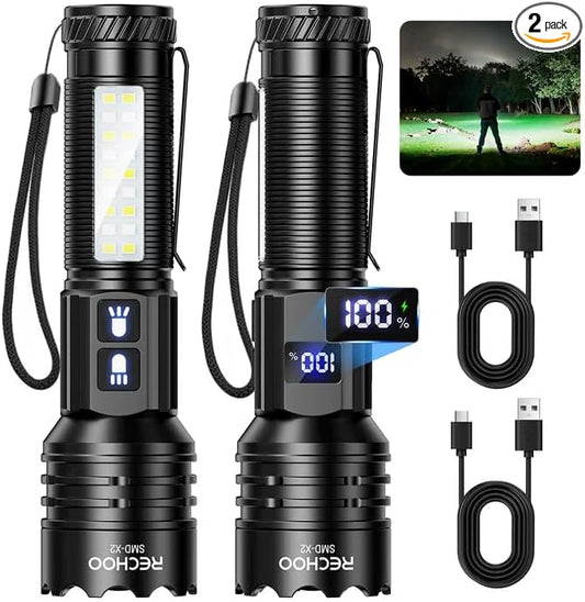 RECHOO Rechargeable Flashlights High Lumens, 7Modes Dual-Switch Flashlight Rechargeable with LCD Digital Display, Super Bright Flashlight Powerful Flash Light LED Flashlights for Home Camping