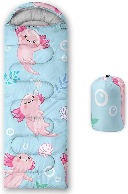 QOOMO Axolotl Cute Camping Sleeping Bags,3 Season Warm & Cool Weather,Lightweight,Waterproof Sleeping Bags for Adults & Kids,Traveling,and Outdoors