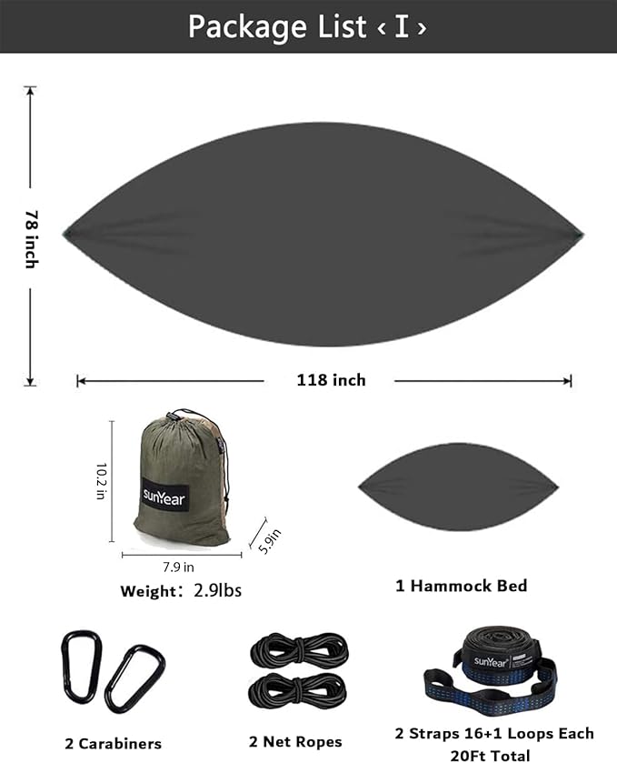 Sunyear Hammock Camping with Rain Fly Tarp and Net, Portable Camping Hammock Double Tree Hammock Outdoor Indoor Backpacking Travel & Survival, 2 Tree Straps,100% Waterproof