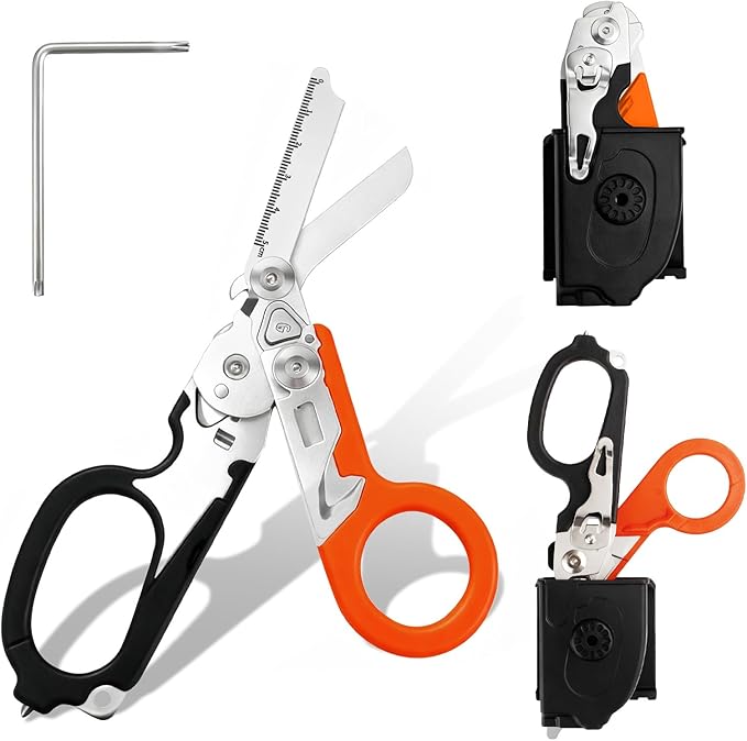Folding Trauma Shears for EMT Accessories, 6 in 1 Multi-function Medical Shears with Holster for Outdoor Camping, Emergency Rescue, First Responders (Black-Orange)