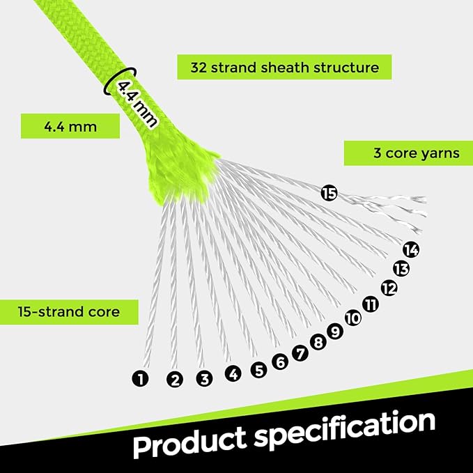 1200lb Paracord Rope, 4.4mm 15 Triple Strands Paracord, Heavy Duty Tactical Parachute Cord for Survival Gear, Camping, Hiking, and Ideal for Bracelets, Lanyards, Type III