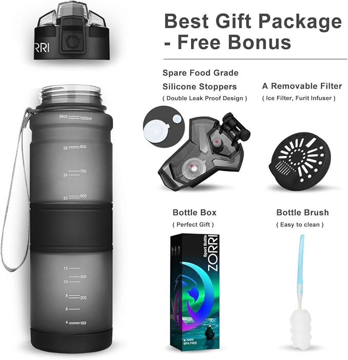 ZORRI Sports Water Bottle, 400/500/700ml/1L, BPA Free Leak Proof Tritan Lightweight Bottles for Outdoors,Camping,Cycling,Fitness,Gym,Yoga- Kids/Adults Drink Bottles with Filter, Lockable Pop Open Lid
