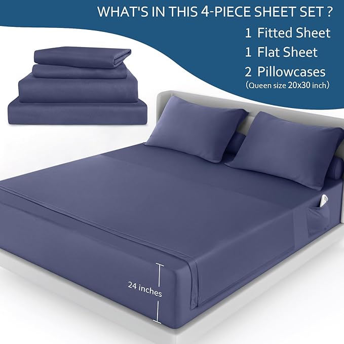 Moonsea Air Mattress Queen Sheet Set - Deep Pocket 4 Piece Queen Size Sheet Set - Breathable & Fade Resistant Easy Fits 16in to 24in Pillow Top Bed Mattress - Navy Blue