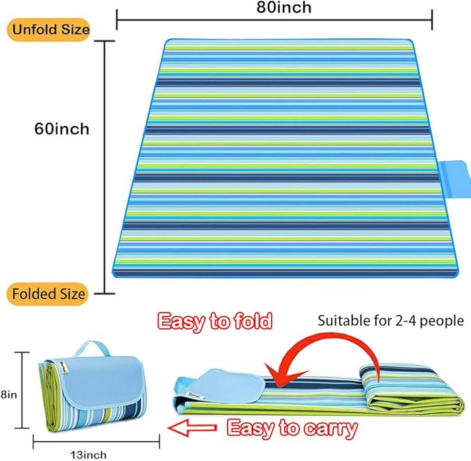 K Y KANGYUN Extra Large Picnic Blanket Outdoor Beach Blankets, Water-Resistant Foldable Sandproof Blankets Cute Picnic Mat for Beach, Camping Grass Lawn Park Mats (Blue, 80x60 in)