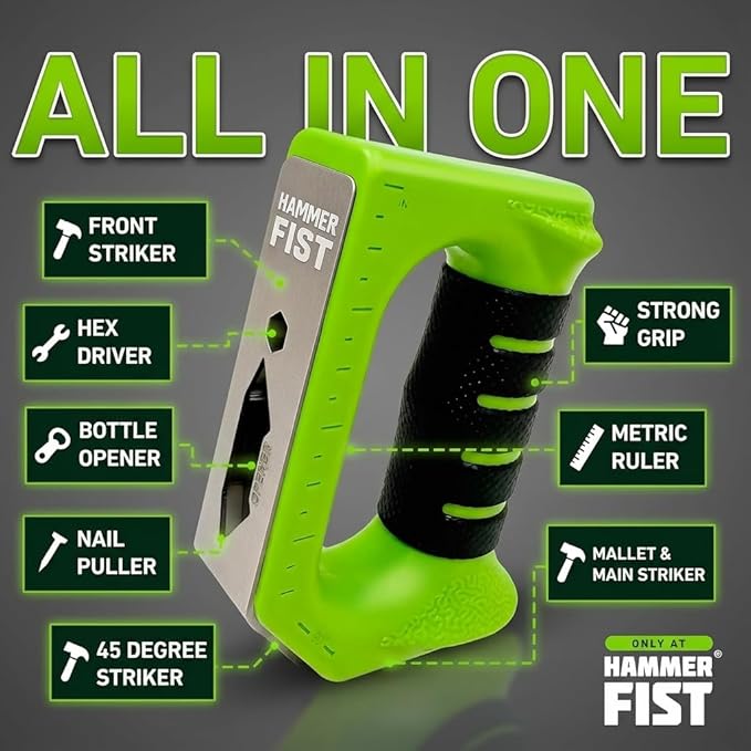 Hammer Fist 8-in-1 Multitool - Heavy Duty Stainless Steel Palm Hammer & Nail Puller, Non-Marring Mallet, Hex Driver, Ruler, Square & Bottle Opener - Compact EDC Survival Gear & DIY Hand Tool (Green)