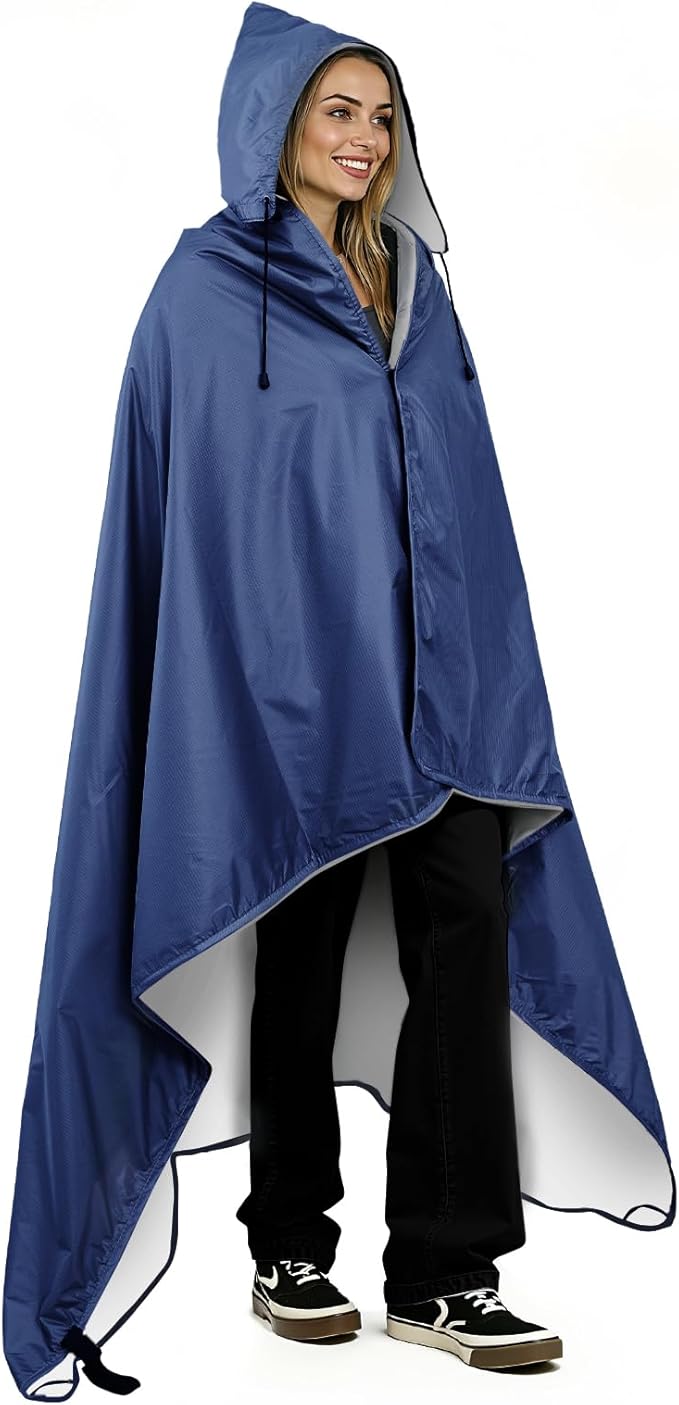 Fleece Waterproof Outdoor Blanket - Windproof Stadium Blanket for Camping, Picnics, and Sports Stay Dry and Comfortable 80"x 58"(Hoodeed, Blue)