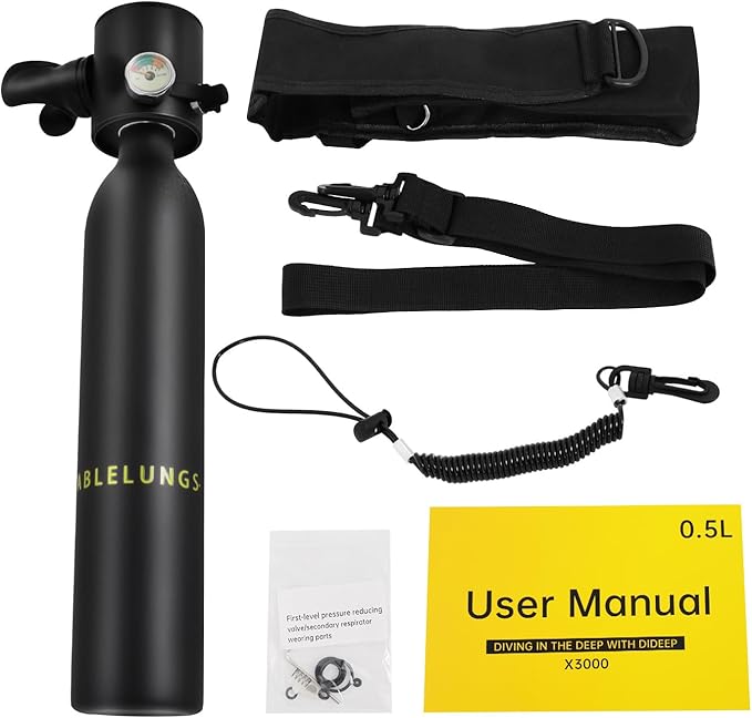 Mini Scuba Tank, 0.9Qt Portable Oxygen Tank with Carrying Strap for 15-20 Mins Underwater, 3000PSI Breath Lung Tank Portable Diving Gear for Diving, Emergency Rescue, Underwater Exploration