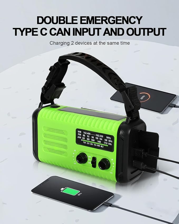 Emergency Crank Radio, 20000mAh / 74000mWh Solar Hand Crank Weather Radio with NOAA/AM/FM, Battery Powered Radio with Cell Phone Charger, Flashlight & SOS for Emergencies/Home (Light Green)
