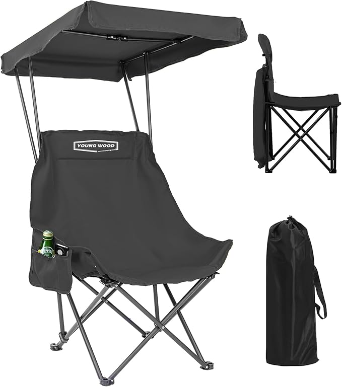 YOUNG WOOD Camping Chair with Shade Canopy, Beach Chair, Portable Fold Lightweight Oversized for All, Easy to Open and Close Without Installation, Side Pocket Design for All Outdoor Activities