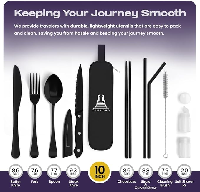 Taplord Portable Travel Silverware Set With Case, Includes 10 Pcs of Travel Utensils With Case, Stainless Steel Flatware Set For Camping, Lightweight (Black)