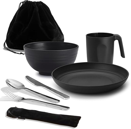 Camping Utensils, Reanea Camping Mess Kit for Travel, Camping, Picnic, Outdoor, Camping Gear Include Knife, Spoon, Fork Cutlery Set, Cup, Bowl, Plate, Camping Essentials for 1