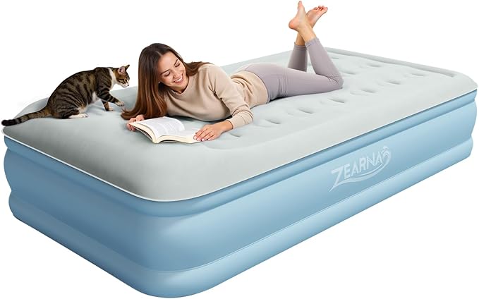 Zearna Twin Air Mattress with Built in Pump Raised, Blow Up Mattress 18 Raised Comfort, Upgraded Portable Air Bed with Pillow, Inflatable Mattress for Travel, Home and Guest, 550 lbs Max