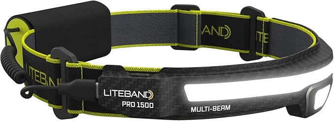 OPTIMAL VENTURES LITEBAND PRO Multi-Beam Rechargeable LED Headlamp, 1500 Lumens, 210° Wide Beam + Focused Spot, Hard Hat Compatible, Professional No-Bounce Fit, IPX5 Weather Resistant, Carbon