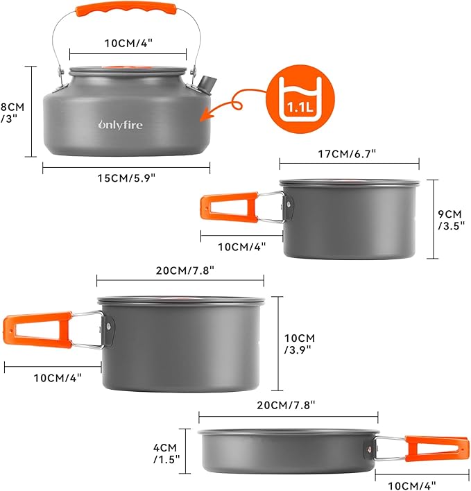 ONLYFIRE OUTDOOR LIVING15pcs Camping Cookware Set, Lightweight Nonstick Pots, Pan, Kettle, Utensils, Bowls, and Cleaning Tool with Mesh Bag for Camping Hiking Backpacking RV Tailgating Cooking, CT605