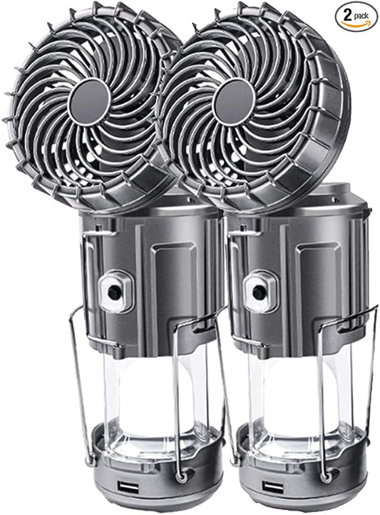 SupBri 2Pack Solar Camping Lantern with Fan, 3-Way Power Source,Rechargeable Lanterns for Power Outages, Camping Lights for Tent Hurricane Emergency Camping Gear Must Haves
