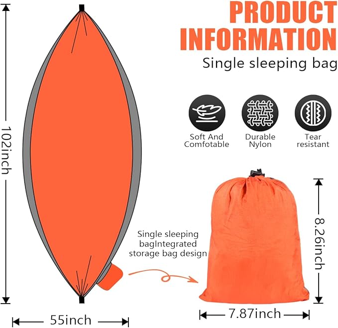 OBTANIM Camping Hammock 500lbs Portable Lightweight Single or Double Hammock with Tree Straps and Carry Bag for Camping Backpacking Hiking Travel Beach Outdoor Indoor (Gray and Orange)