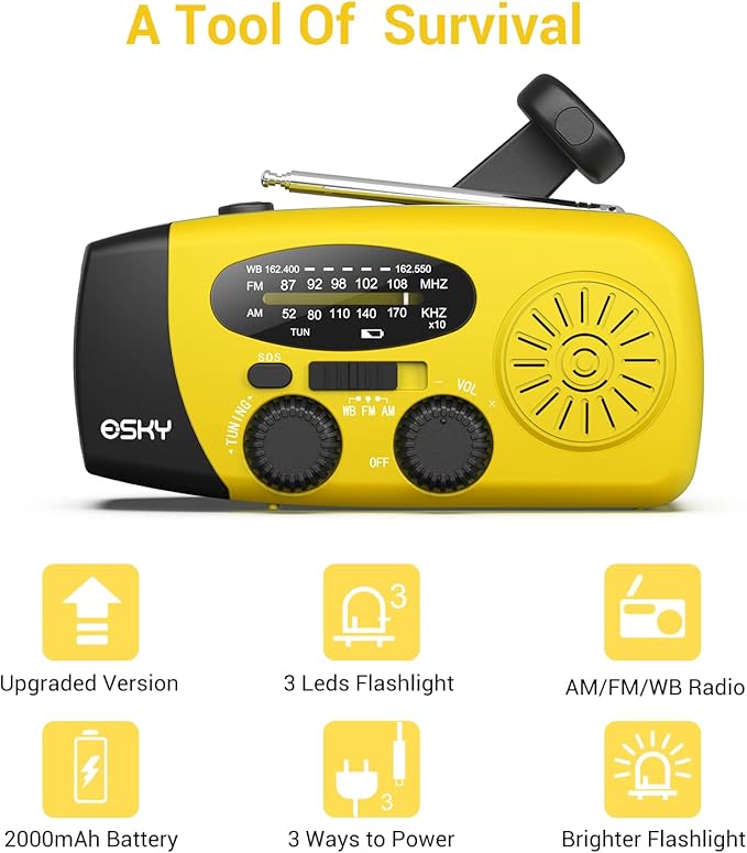 Esky Emergency Hand Crank Radio with 3 LED Flashlight, AM/FM/NOAA Portable Weather Radio with 2000mAh Rechargable Battery, Solar Powered USB Charged Radio for Indoor Outdoor Camping, SOS Alarm