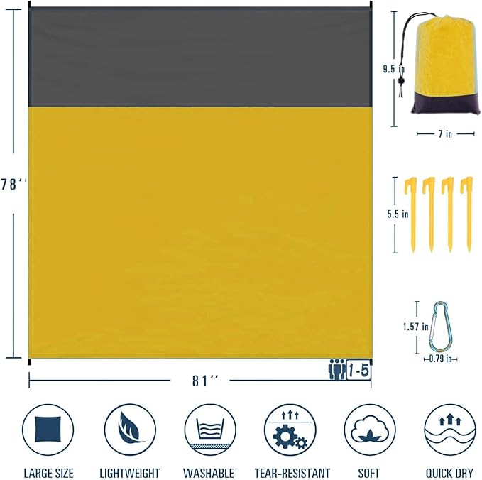 Beach Blanket Sandproof Waterproof, Beach Essentials Extra Large Beach Mat, 79" x 55" Oversized Durable Outdoor Picnic Mat Storage Bag for 1-4 Adults, Beach Accessories for Travel, Camping, Hiking