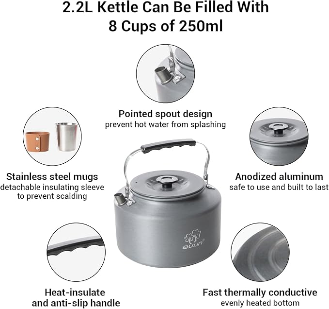 Bulin Camping Kettle, 2.2L Large Portable Stovetop Tea Kettle Fast Heating Boiling Hot Water for Open Fire Lightweight Coffee Pot with 4 Camping Cups & Anti-scald Sleeves for Outdoor Hiking Picnic