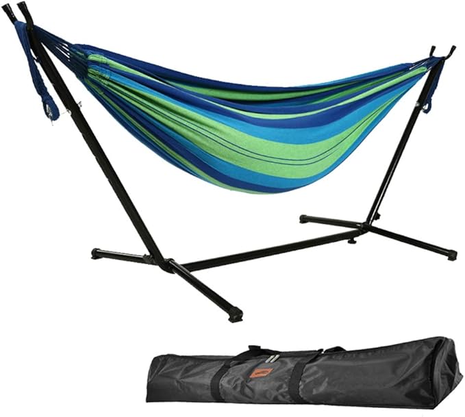 Goutime 9Ft Hammock with Stand Included, 450 lb Capacity, with Portable Carrying Bag, 2 Person Double Hammocks for Indoor, Outdoor, Patio, Deck, Yard, Beach (Blue)