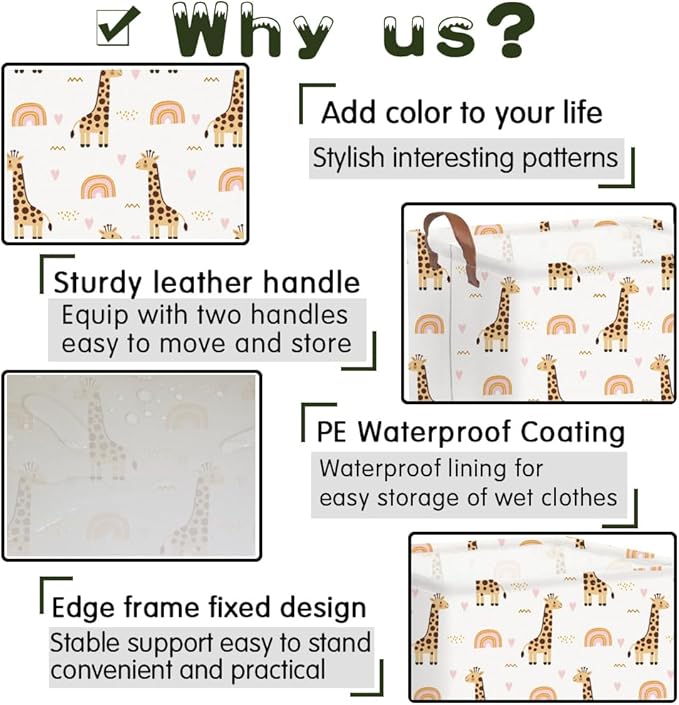 FXOLCSHE Rectangular Giraffe Basket,Waterproof foldable nursery laundry basket,Baby Storage Basket,Kids Toys Bin,Baby Gift Baskets for Bedroom(Giraffes)