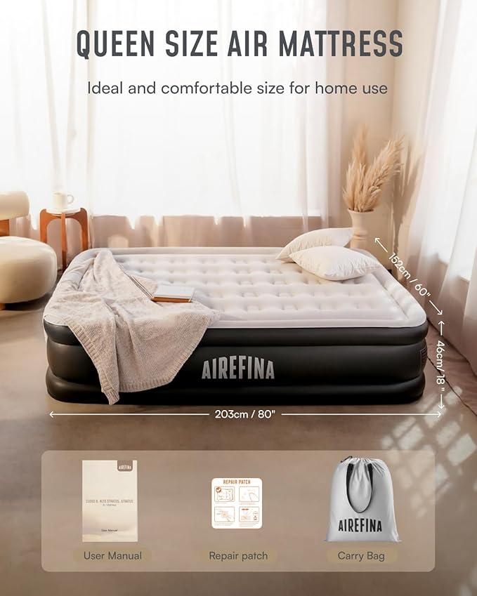 Airefina Air Mattress Queen with Built in Pump, 18 Raised Comfort Blow Up Mattress with Carrying Bag, Portable Inflatable Mattress for Guest Home, Air Bed Colchones Inflables 750 Lbs Max, 80*60*18 in