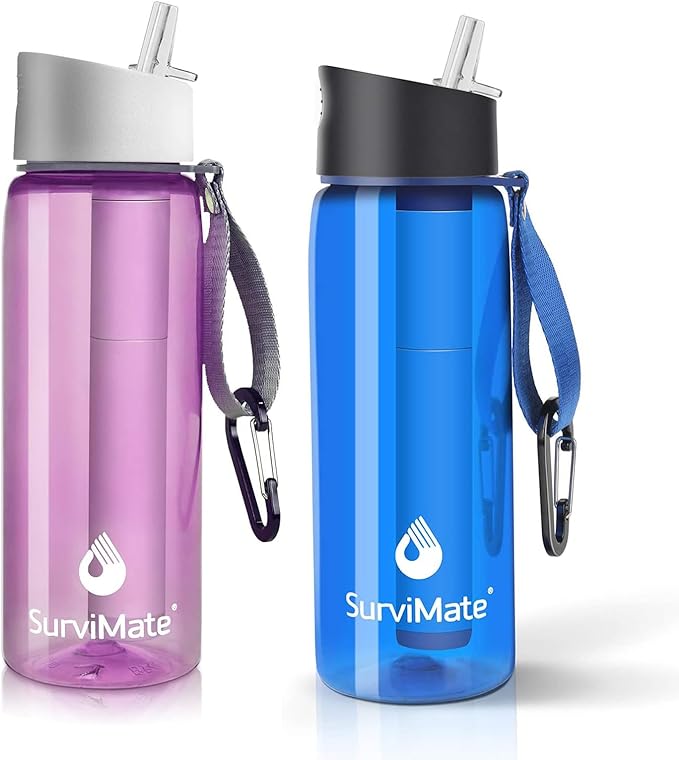 SurviMate Purified Water Bottle for Camping, Hiking, Backpacking and Travel, BPA Free with 5-Stage Intergrated Filter Straw