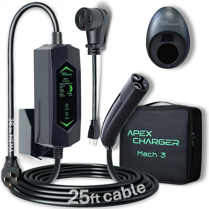 MACH 3 Fast 40 Amp Level 1&2 Portable EV Charger, NACS Connector Electric Vehicle Charging Station, 120-240V NEMA 14-50 w/ 5-15 Adapter. Outdoor EVSE, 25ft Cable with Holder