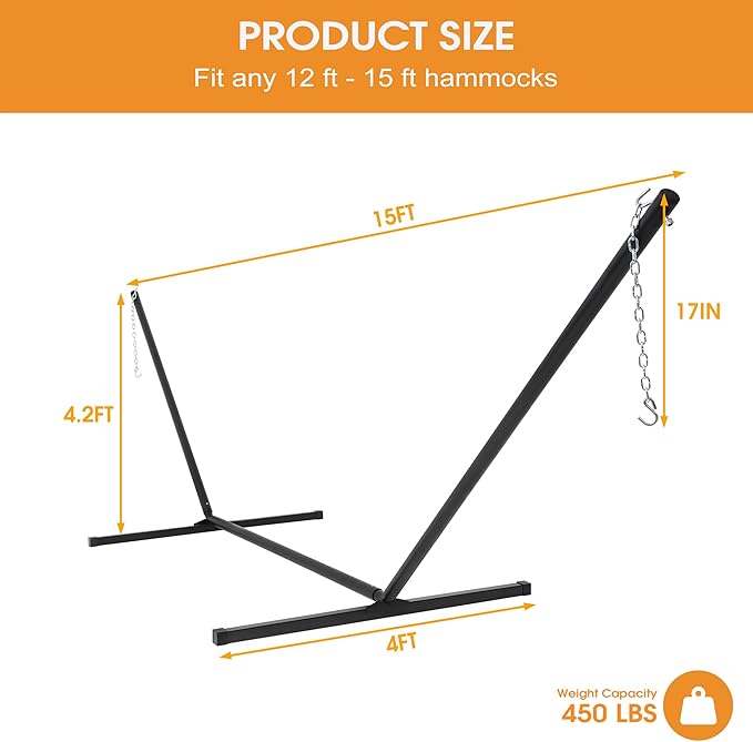 Lazy Daze Hammocks Portable 2 Person Heavy Duty Steel 15 FT Hammock Stand with Hooks and Chains for Outside, Patio, Backyard, 450 Pounds Capacity, Black