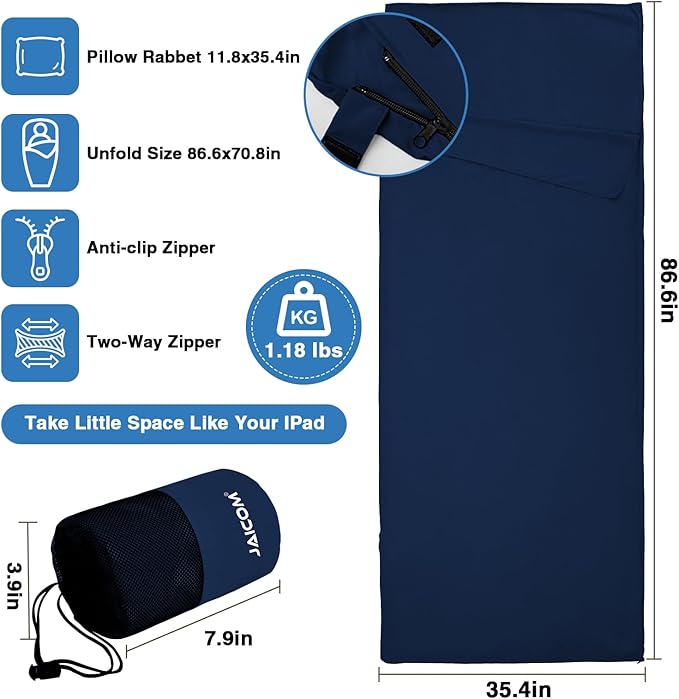 JAICOM Sleeping Bag Liner, Travel Sheets & Adult Sleep Sack, Ultralight and Portable Summer Sleeping Bag - Ideal for Backpacking, Hotels and Hostels, Business Trips, Camping