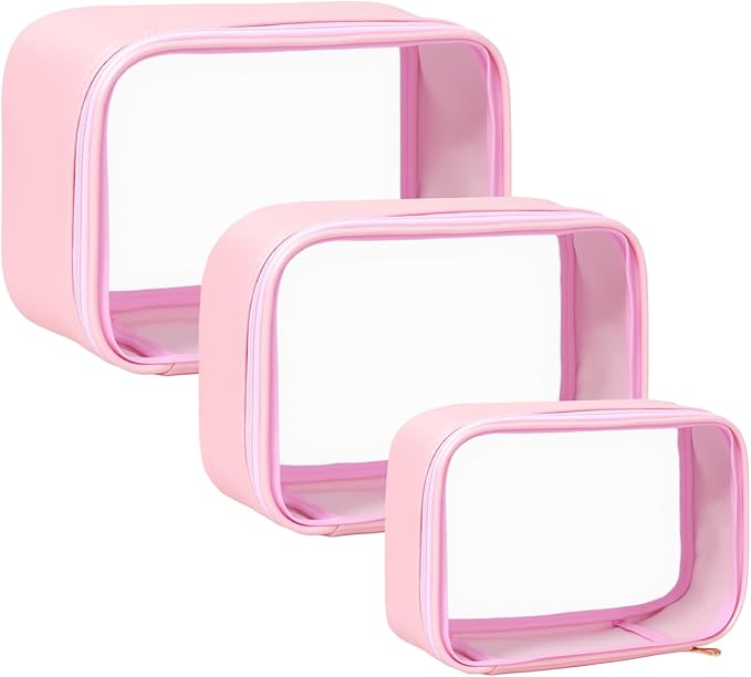 Travel Clear Makeup Bag Set for Women, 3 Pack Travel Size Toiletry Bag with Zipper Small Makeup Pouch for Purse Waterproof Portable Cosmetic Case Compact Car Organizer Storage Bag (Pink Set)