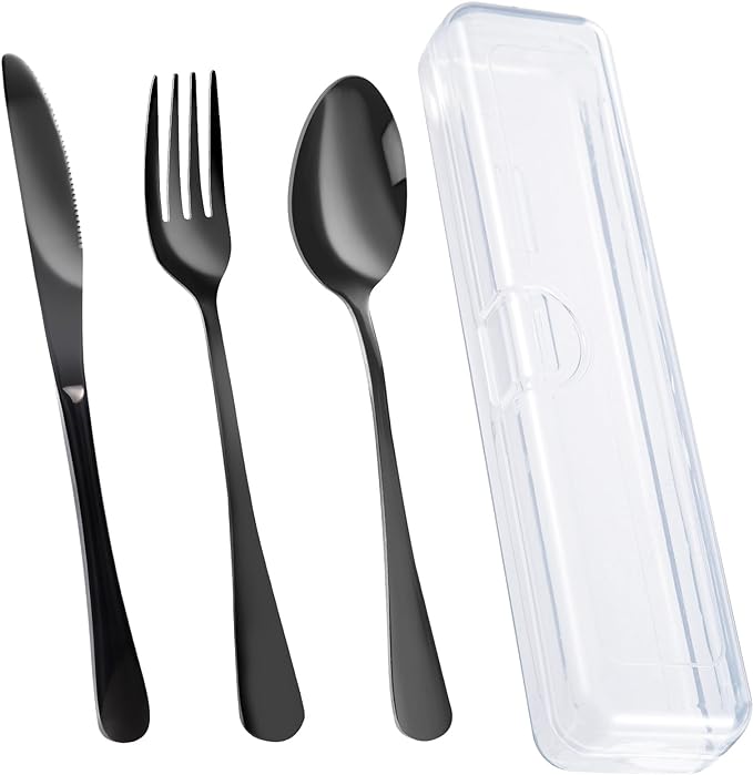 4PCS Premium Travel Utensils With Case, Stainless Steel Reusable Portable Utensils Set With Case, Lengnoyp Travel Silverware Set With Case for Lunch Box Includ Fork Spoon Knife Set, Black
