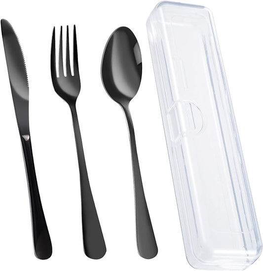 4PCS Premium Travel Utensils With Case, Stainless Steel Reusable Portable Utensils Set With Case, Lengnoyp Travel Silverware Set With Case for Lunch Box Includ Fork Spoon Knife Set, Black