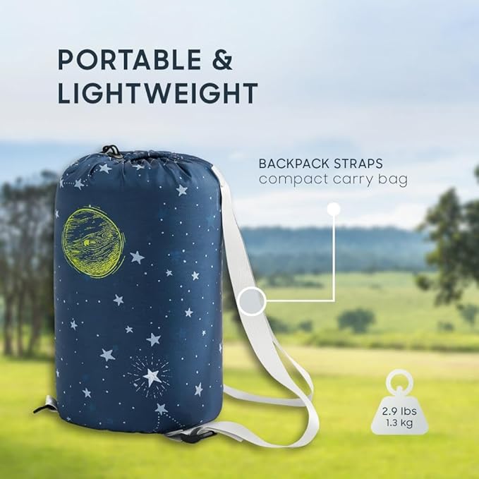 Wake In Cloud - Kids Sleeping Bag for Boys Toddlers, Camping in Warm Cold Weather, Backpacking Lightweight Compact Outdoor Liner for 3 Seasons, Space Stars Rockets Galaxy