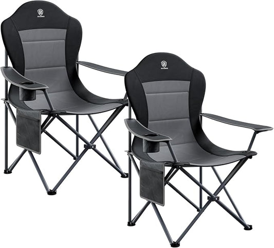 EVER ADVANCED Folding Camping Chair with High Back Padded 2 Pack Oversized Portable Lawn Chairs Lightweight Sturdy Steel Foldable Outdoor Camp Chair for Adults, Black