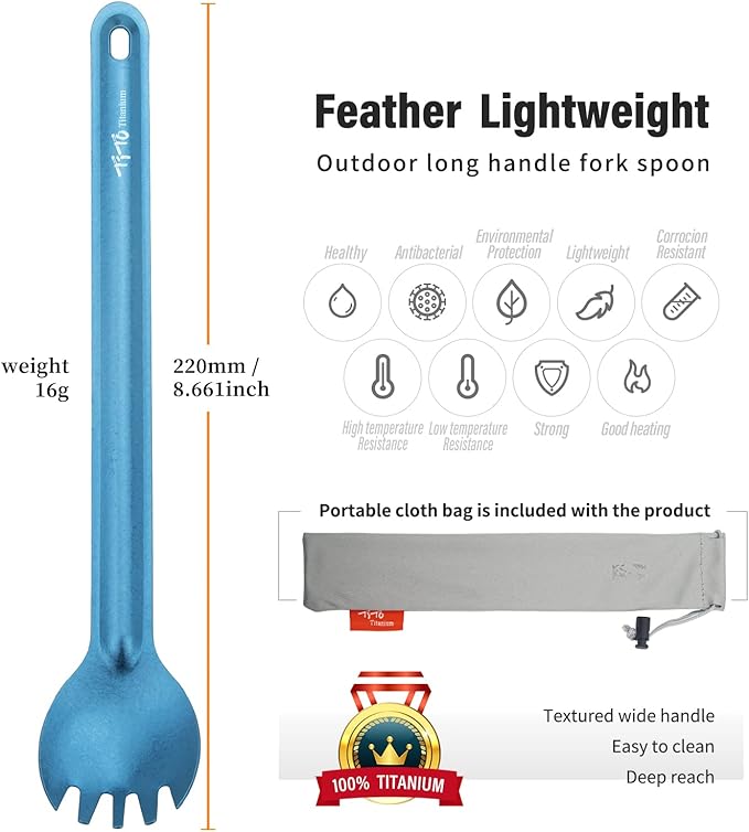 TiTo Titanium Long Handle Spork and Spoon Eco-Friendly Ultralight Portabale Flatware for Outdoor Camping Backpacking Hiking Travel Picnic Tableware with Bag (2Pcs Blue)