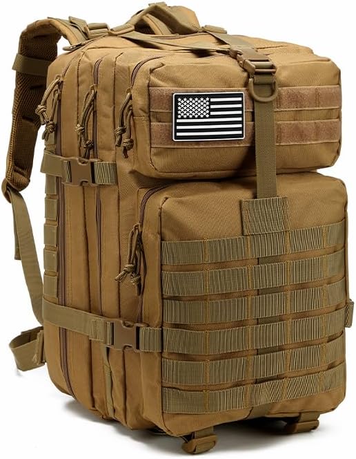 Tactical Backpack for Men, 45L Military Gym Backpacks, Large 3-Day Assault Pack Bug Out Bag MOLLE Daypack for Rucking Fishing Camping (Khaki)