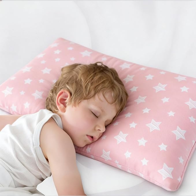 Biloban Toddler Pillow for Sleeping, Kid Pillow 14" x 19" for Small Travel Bed, Nap Pillows, Soft & Skin-Friendly Small Pillows for Sleeping, Toddler Use Only, Age 2 to 5, (White & Pink Star)