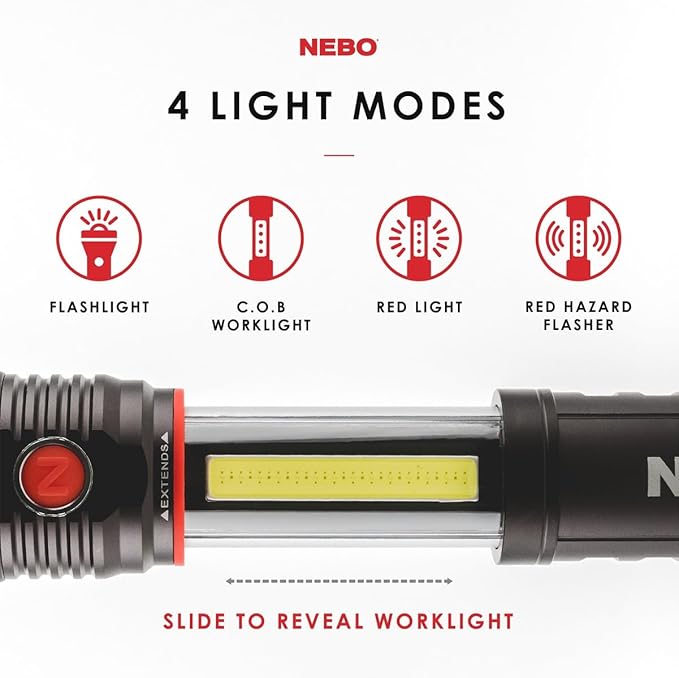 NEBO SLYDE+ Flashlight (2nd Gen) | 400 Lumens, 7 Light Modes, Bright COB Work Light & LED Tactical Flashlight, Magnetic Base, Great for Camping, Water Resistant, Includes 4x AAA Alkaline Batteries