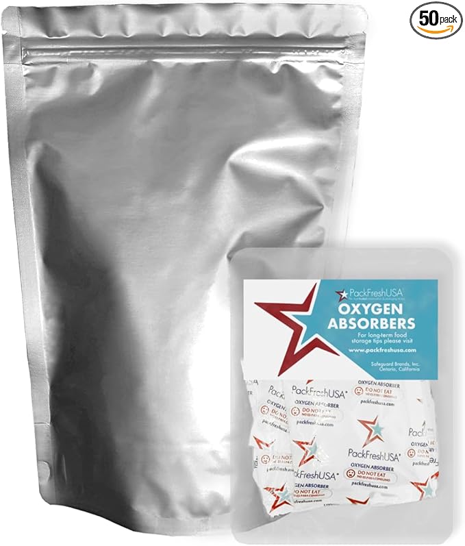 PackFreshUSA: 50 Pack - 7 Mil - 2 Quart Seal-Top Stand Up Mylar Pouch Bags - 300cc Oxygen Absorbers - Resealable - Rounded Corners - Long-Term Food Storage